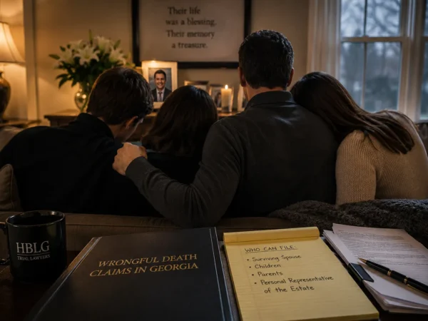 Family seated together on a couch watching a memorial setup, with notes and legal folders on a table in front (Georgia wrongful death case materials).