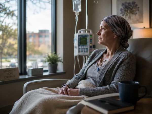 Failure to Diagnose Cancer Claims. Woman in a hospital bed with an IV line, bundled in a blanket, gazing out a window with daylight behind.