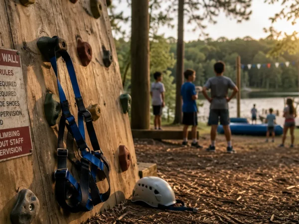 climbing wall at lakeside camp sandy springs and decatur personal injury attorneys | haug barron law group GA Summer Camp Injuries & Liability. Climbing wall with safety gear in foreground; group by the lake at sunset in background.