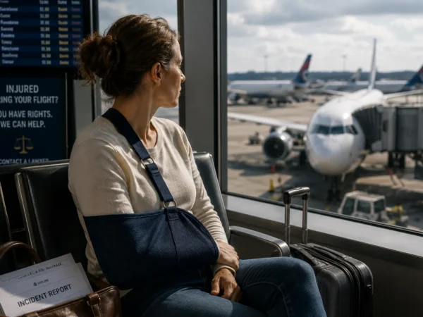 Woman with a blue arm sling sits in an airport gate area, gazing out at parked planes; incident report papers and luggage nearby.