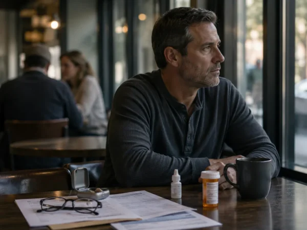 contemplative moment in a cafe sandy springs and decatur personal injury attorneys | haug barron law group Vision & Hearing Loss Injury Claims
