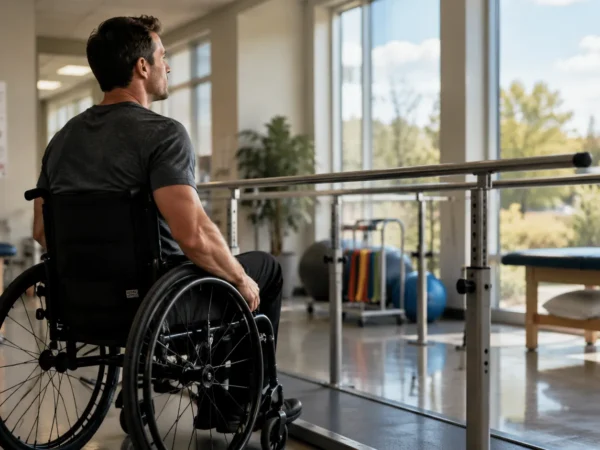 Man in a wheelchair in a physical therapy room, facing parallel bars near large windows