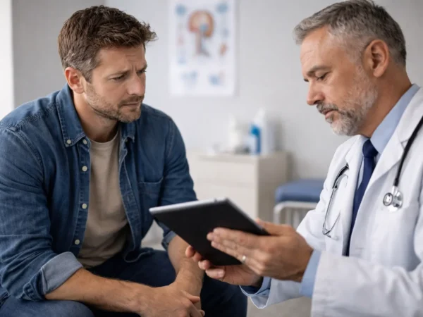 Doctor reviewing tablet with patient during a consultation in a clinic. Traumatic Brain Injury (TBI) Guide