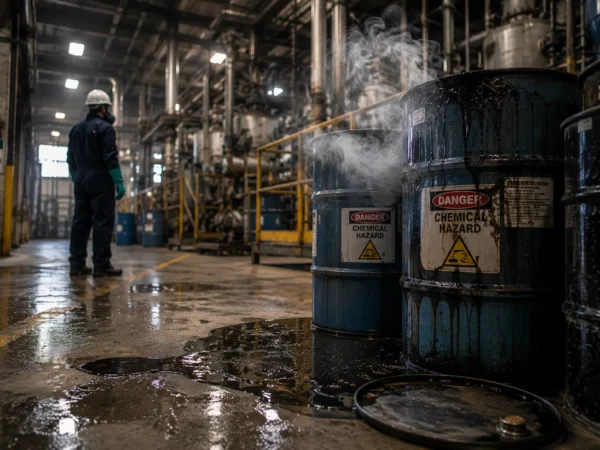 GA Factory Chemical Exposure Claims: Industrial warehouse with hazardous chemical drums and steam, a worker in protective gear standing nearby.