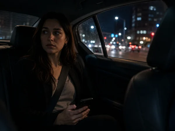 Uber & Lyft Assault Immunity Bill: GA Alert : Woman sitting in the backseat of a car at night, looking anxious while holding a smartphone, city lights outside the window.