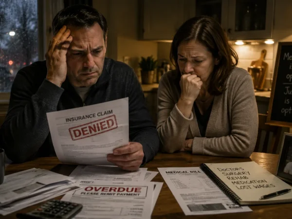 stressed couple facing financial struggles sandy springs and decatur personal injury attorneys | haug barron law group Couple at a kitchen table looking stressed while reading medical bills, one paper stamped'DENIED' with overdue notices nearby. GA Bad Faith Insurance Practices