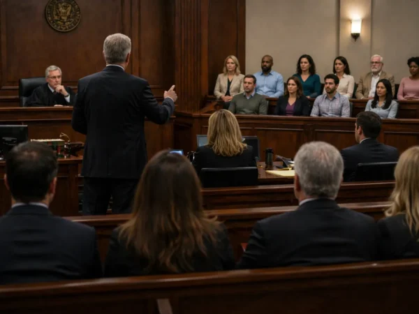 Attorney standing at the front speaking to a diverse jury in a formal courtroom, judge seated to the left in contemplation.