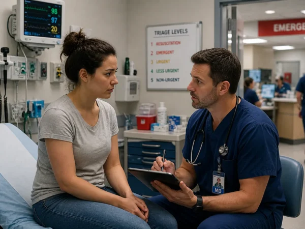 Doctor in blue scrubs consults with a patient in an ER, clipboard in hand, monitoring equipment nearby.ER Negligence.