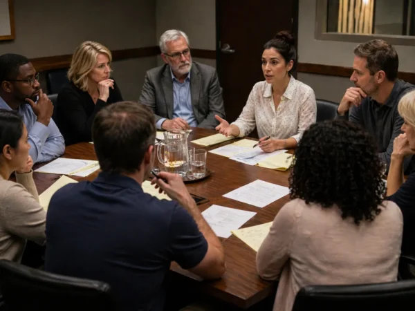 A group of professionals seated around a conference table, discussing papers and a pitcher of water on the table. Jury Decisions: Beyond Large Jury Verdicts: