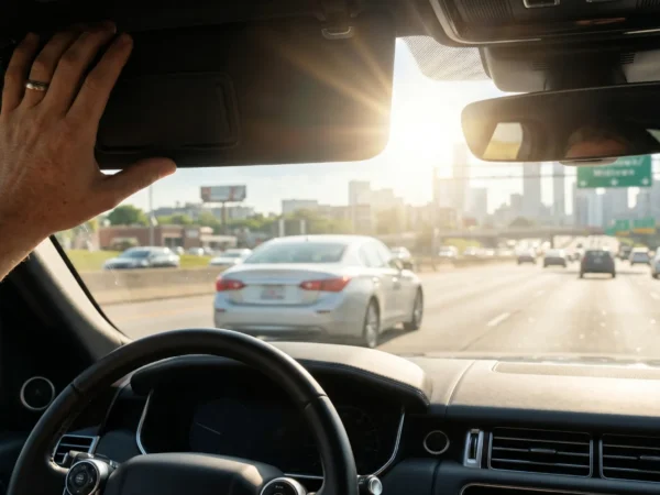 Summer Driving Safety in Metro Atlanta: Driver adjusts sun visor as sunlight streams through windshield on a busy highway.