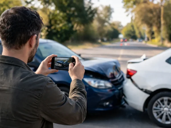 man photographing car accident scene haug barron law group | atlanta personal injury attorneys Man in a brown jacket takes a photo of a two-car collision on a sunny street with his phone. Rental Car Accident Injuries in GA