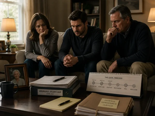 A worried family sits on a sofa, with documents labeled 'Wrongful Death Case File' on the coffee table in front of them.