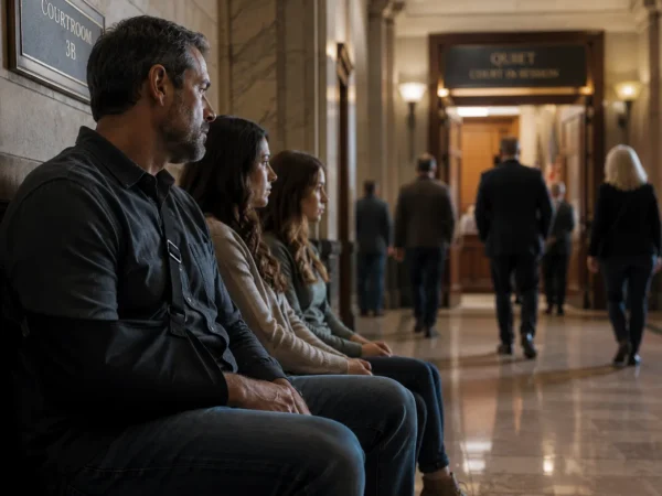 courtroom hallway waiting in silence sandy springs and decatur personal injury attorneys | haug barron law group Man with a sling sits against a marble wall while two women wait in a courthouse corridor near Courtroom 3B. How GA Juries Decide Injury Verdicts
