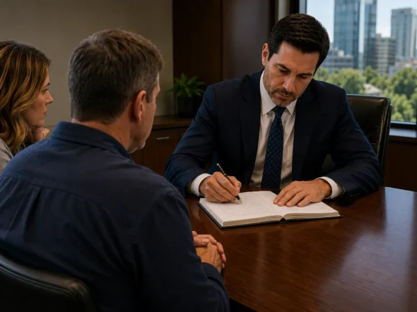 GA 2-Year Statute of Limitations Exceptions: Businessman in a navy suit signs a document at a conference table while two colleagues watch in a modern office viewable through large windows.