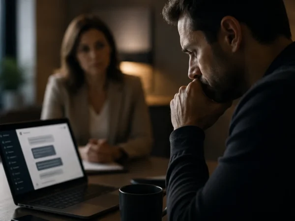 serious discussion in a warm office sandy springs and decatur personal injury attorneys | haug barron law group Man at a desk, hands clasped to his mouth, appears stressed while a laptop shows chat messages and a blurred counselor sits in the background.