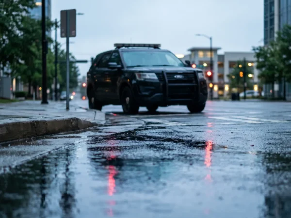 Black police SUV with rooftop lights driving through a rainy city street at dusk.