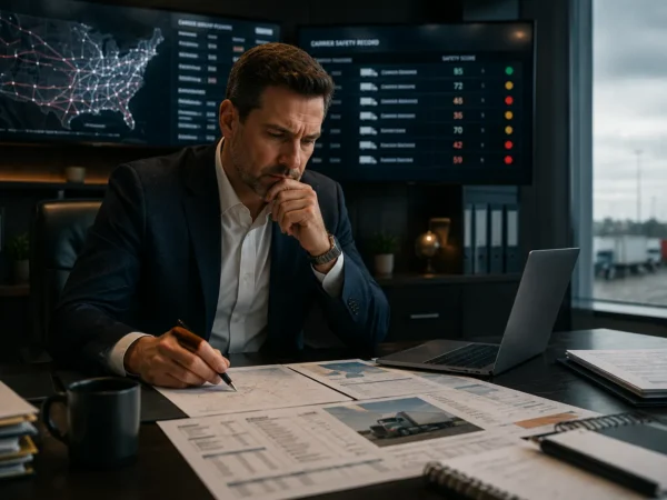 Court: Freight Brokers Liable for Carriers: Businessman in a dark office analyzes charts and documents at a desk with a laptop nearby